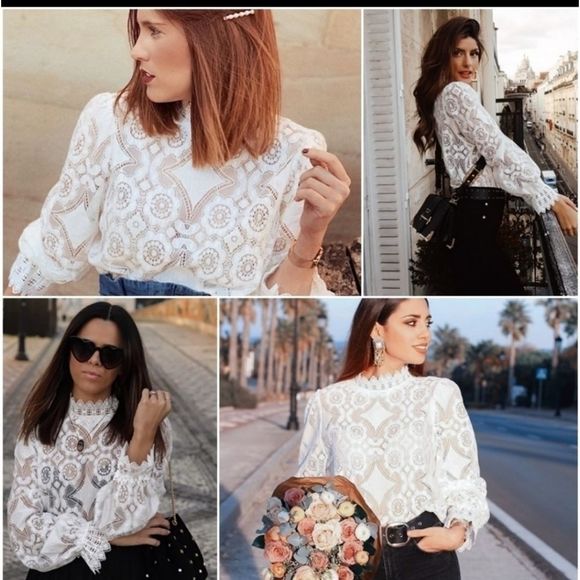 Restocking White Lace High Neck Long Sleeve Shirt - Picture 7 of 11